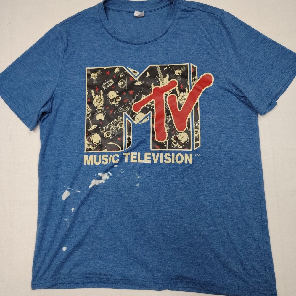 MTV Music Television Graphic T Shirt Blue Logo Graphic Bleach Distressed M